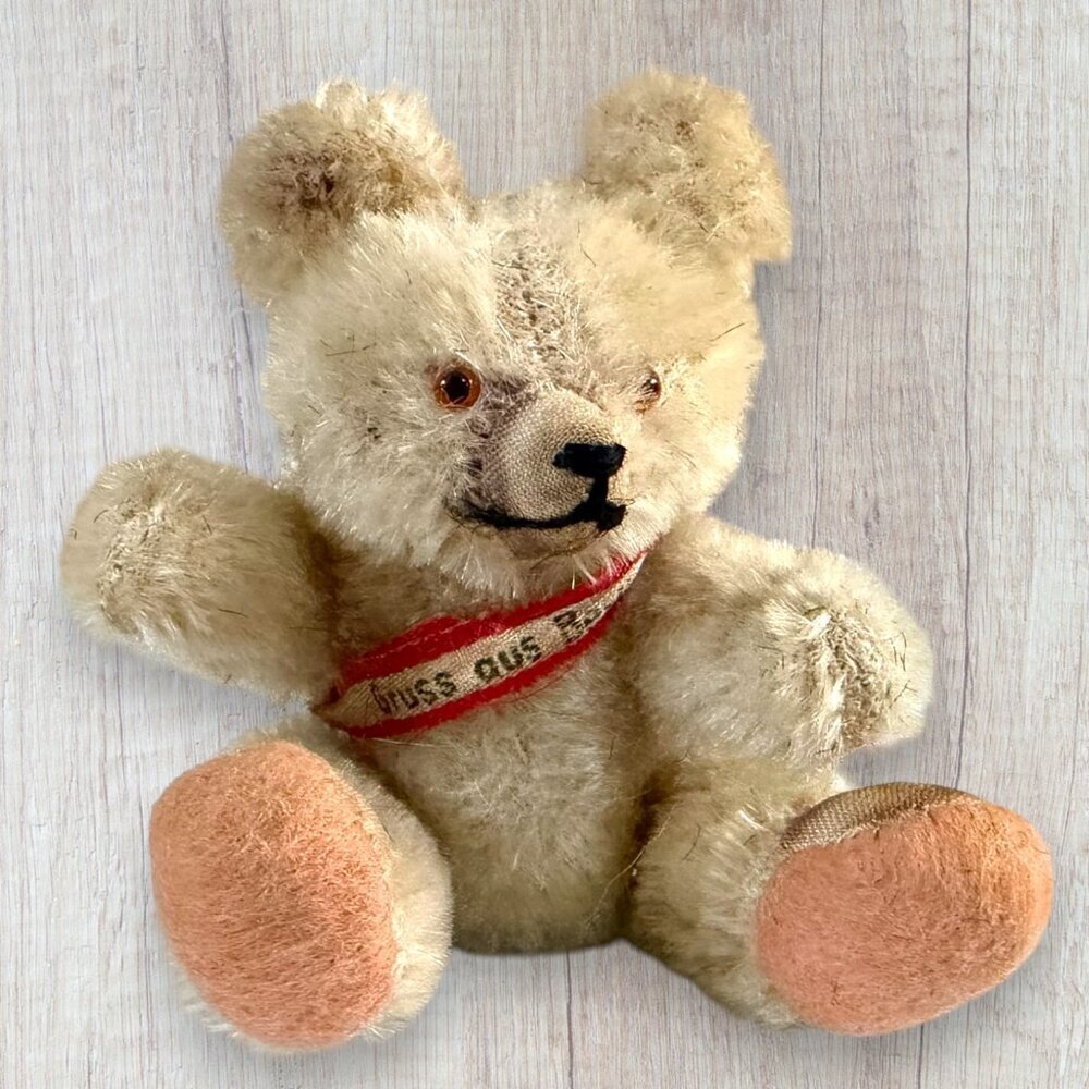 Vintage 60s Mini Mohair Teddy Bear Gruss Aus Berlin Germany Souvenir Plush Glass